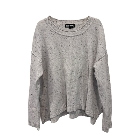 DKNY Jeans Womens L White Speckled Knit Sweater Drop Shoulder Crewneck Pullover - Picture 1 of 10